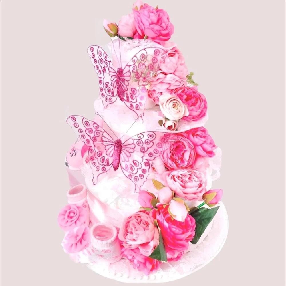 Butterflies Diaper Cake, Peonies Diaper Cake